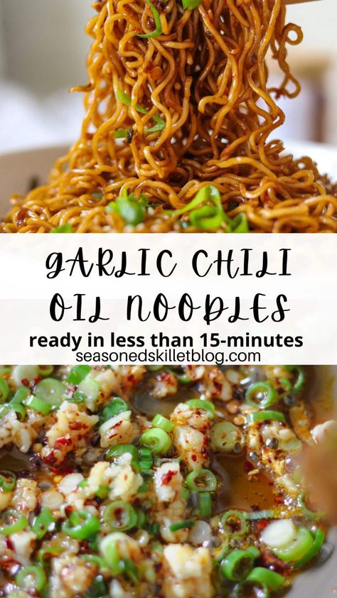 Garlic Chili Oil Noodles are one of the quickest, most insanely delicious ramen noodle recipes, tossed in a spicy garlic chili oil sauce and ready in less than 15-minutes! Garlic Sesame Noodles With Beef, Sesame Chili Noodles, Spicy Garlic Noodles Asian, Sesame Garlic Noodles Easy Recipes, Quick Asian Noodle Recipes, Shirataki Ramen Noodle Recipes, Noodles With Chili Oil, Spicy Garlic Ramen Noodle Recipes, Chili Oil Garlic Noodles