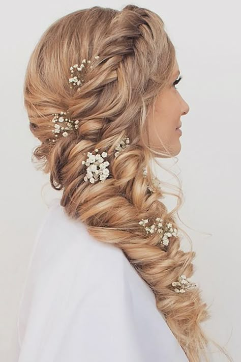 braided wedding hair side mermaid braid and crown with baby breath flowers hair and makeup by steph Side Braid Wedding, Matrix Hairstyle, Wedding Hair Side, Mermaid Braid, Flower Braids, Side Braid Hairstyles, Long Box Braids, Babies Breath, Wedding Hair Ideas