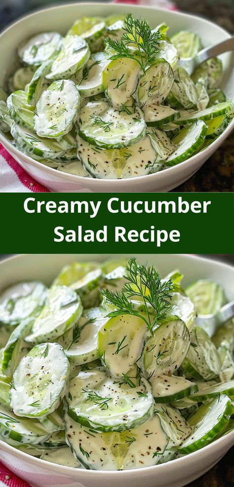 Delicious Creamy Cucumber Salad with creamy dressing. A refreshing and easy side dish! Broccoli Salad Recipe Healthy, Cucumber Salad Creamy, Salad With Creamy Dressing, Cucumber Salad Dressing, Salad Recipes With Bacon, German Cucumber Salad, Cold Pasta Salad Recipes, Cucumber Salad Recipe, Cucumber Slices