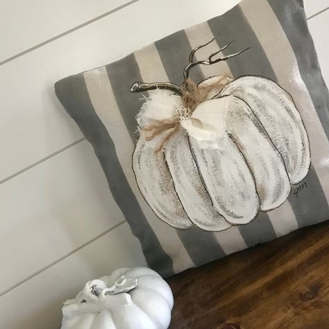 Gray and White Pumpkin Pillow, Hand-painted Pillows, 18 x 18, Fall Pumpkin Pillow, Accent Pillow, Thanksgiving, Fall Decor, Pillow Cover  Gray and white striped pillow covers just got better with a fall pumpkin painted on it.  Great for any room of your home.   Add curb appeal this fall with our hand-painted and handmade pillows.  Made of medium-weight fabric front with solid black fabric. Easily accessible back overlaps to fit pillow insert.   Designed to fit an 18 x 18-inch insert.  Custom siz Fall Pumpkins Painting, Pumpkin Painted, Add Curb Appeal, Hand Painted Pillows, Denim Pillow, Navy Pillows, Pumpkin Pillow, Hand Painted Table, Fall Pillow Cover