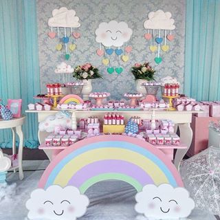 Image may contain: indoor Cloud Party, Rainbow Baby Shower, Fiesta Baby Shower, Rainbow Birthday, Unicorn Birthday Parties, Baby Sprinkle, Baby Party, Rainbow Baby