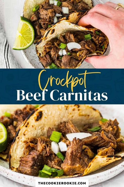 Shredded Beef Tacos Crockpot, Crockpot Beef Tacos, Beef Carnitas, Pork Carnitas Recipe, Shredded Beef Tacos, Beef Tacos Recipes, Slow Cooker Stew, Stew Meat Recipes, Crock Pot Tacos