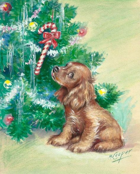 Spaniel Art, Greeting Card Collection, Vintage Christmas Images, Cute Christmas Wallpaper, Christmas Card Art, Old Fashioned Christmas, Card Collection, Christmas Drawing, Arte Fantasy