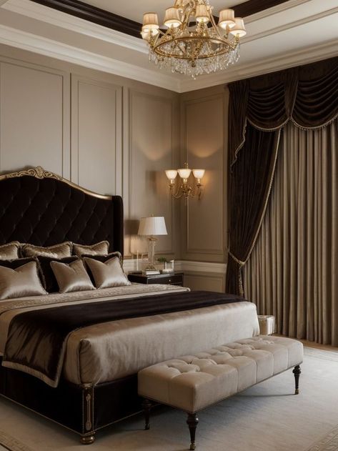 #masterbedroom #bedroomdecor #interiordesign #homedecor #bedroomideas #bedroominspiration #interiordecor #homeimprovement #designideas Elegant Curtains Bedroom, Curtains Aesthetic, Dark Luxury, Luxury Bedrooms, Unique Bedroom Design, Stylish Bedroom Design, Sophisticated Bedroom, Classy Bedroom, Inside Decor