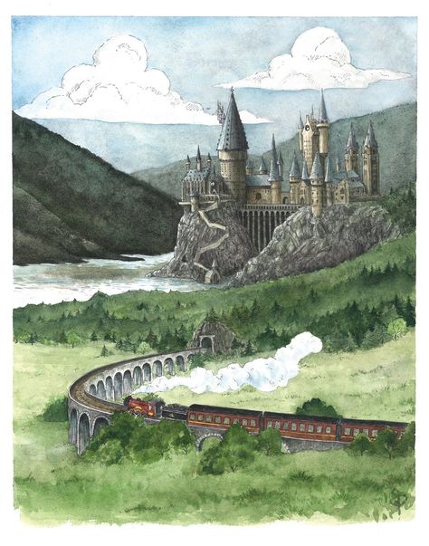 Hogwarts Painting, Fanart Harry Potter, Harry Potter Watercolor, Magic Watercolor, Harry Potter Castle, Harry Potter Phone, Art Harry Potter, Train Illustration, Harry Potter Painting