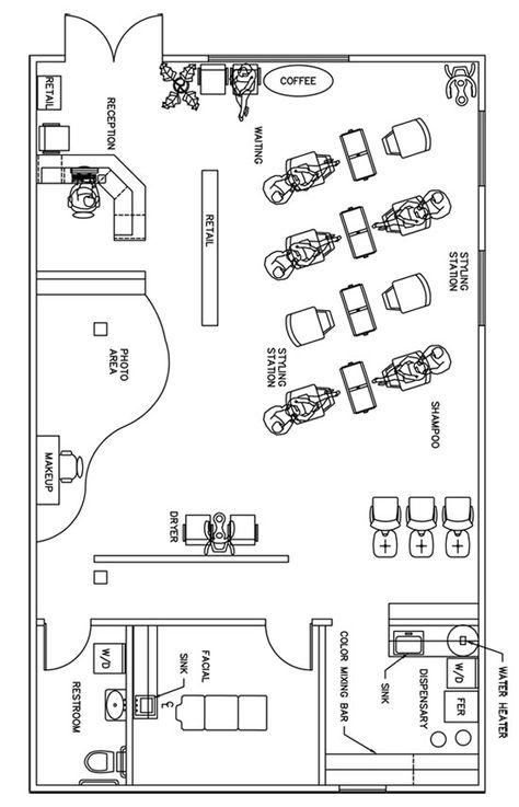 Salon Floor Plan Design Layout - 1390 Square Feet @RG P Full Service Salon Layout, Salon Interior Design Layout, Salon Designs Layout, Tattoo Shop Floor Plan, Small Salon Layout Floor Plans, Free Standing Salon Station Ideas, Salon Blueprint Layout, Salon Floor Plan Design Layouts, Hair Salon Layout Ideas Floor Plans