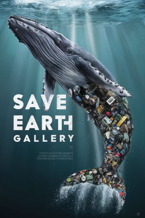 An awe-inspiring 3D render by white bold letters: 'Save Earth Gallery', showcasing a powerful statement about the devastating impact of human activity on marine life and the environment. A majestic whale emerges from the sea, its torso and head rendered with lifelike detail, while its tail is a harrowing mosaic of trash and debris—plastic bottles, cans, and more. This compelling artwork combines illustration, painting, typography, conceptual art, and wildlife photography to create a captivating Save The Ocean Posters Design, Poster About The Environment, Save Marine Life Poster, Environment Poster Ideas, Life Below Water Poster, Save Wildlife Poster Ideas, Environment Poster Design, Save The Earth Poster, Environment Collage