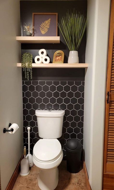 Small Bathroom Tiles Ideas, Shelves Behind Toilet, Tiles Small Bathroom, Small Bathroom Remodels, Small Bathroom Tile, Small Bathroom Wallpaper, Bathroom Organizing, Half Bathroom Decor, Shelves Over Toilet