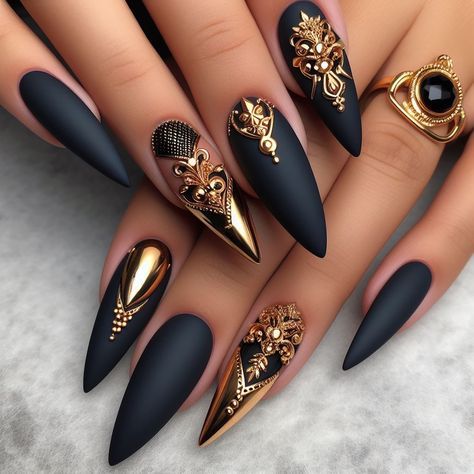 Vanessa Nails, Boujee Nails, Black Gold Nails, Matte Black Nails, Nails Fashion, Blush Nails, Black Nail Designs, Nail Forms, Foil Nails