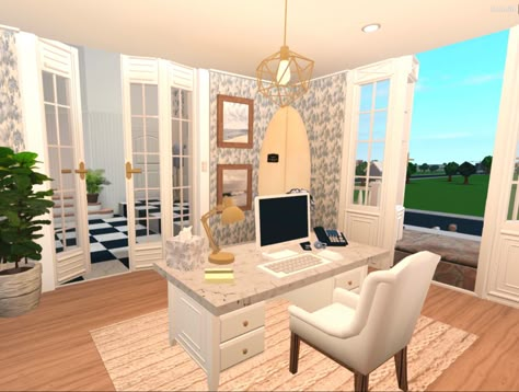 Bloxburg Study Room Ideas Modern, Blocksburg Coastal House Ideas, Preppy Bloxburg House Interior, Bloxburg Room Inspiration, Office Ideas In Bloxburg, Cute Bloxburg Office, Bloxburg Family Beach House, 3x3 Bloxburg Office, Coastal Mudroom Bloxburg