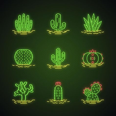 Wild cactuses in ground neon light icons set. Mexican tropical flora. Succulents. Spiny plants. Cacti collection. Glowing signs. Vector isolated illustrations Cacti Collection, Neon Cactus, Plant Icon, Light Icon, 3d Ideas, Heart Tree, Cityscape Photos, Logo Banners, Neon Art