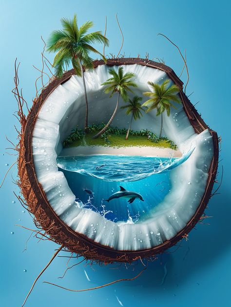 Prompt 👉Bird's eye view, looking down, half opened coconut shell, you can see the white coconut meat inside, there is an ocean inside the coconut meat, (there is an island, lawn, beach, palm trees, ocean, dolphins inside the coconut shell), blue background, high resolution, high detail and high quality island scenery style. product photography, 16k, masterpiece 👉 if Like, please Follow and Share AI Graphics Studio 👇Contact on WhatsAPP: http://tiny.cc/aigraphicsstudio #aigraphicsstudio #AI #... Bird Eye View Photography, Coconut Pictures, Ocean Dolphins, Coconut Design, Galactic Art, Island Scenery, Ocean Prints, Coconut Meat, Beach Palm Trees