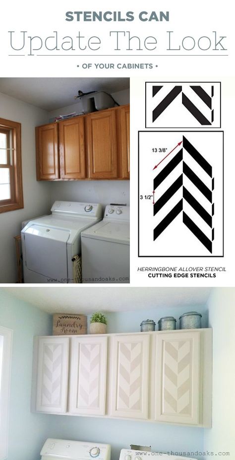 Stenciled Kitchen Cabinets, Kitchen Cabinets Mobile Home, Stenciled Cabinets, Mobile Home Closet Remodel, Movie Room Diy, Herringbone Stencil, Remodel Kitchen Cabinets, Small Closet Hacks, Painting Hacks