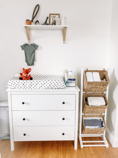 Shelf Over Changing Table, Ikea Drawers Changing Table, Change Table On Dresser, Baby Rooms Changing Tables, Nursery And Guest Room Combo Small Spaces, Changing Table Station, Nappy Station Ideas, Changing Table Caddy, Baby Boy Changing Table