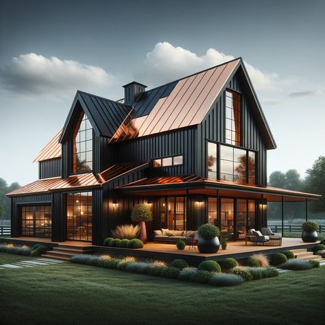 Black Barndo with Copper Roof - Barndo Build Plans Black And Copper Barndominium, Black House Copper Roof, Copper Roof House Exterior Colors, Small Barndominium Ideas Exterior, Post And Beam Interiors, Black Barndo, Copper Roof House, Metal Barn House Plans, Metal Siding House