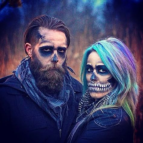 Halloween Skull Makeup rainbow hair scary Sarah Starnes and Adam Vukelich beard Diy Beard Costume, Halloween Men Beard, Beard Halloween Costumes, Bart Styles, Beard Makeup, Halloween Beard, Beard Costume, Halloween Make-up Looks, Scary Skull