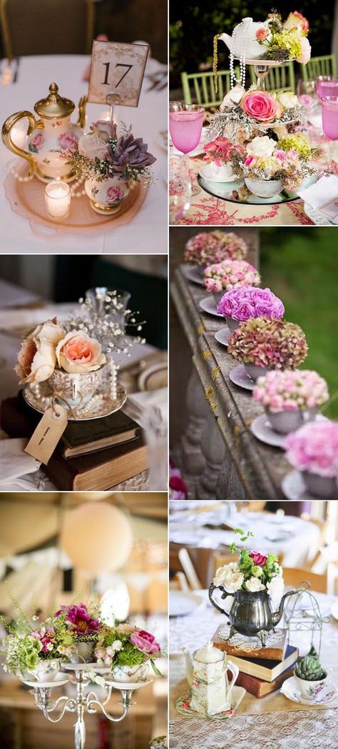 Victorian Wedding Centerpieces Vintage Style, Wedding Teacup Centerpieces, Vintage Tea Table Decor, Whimsical Centerpieces Table Decorations, Teacup Wedding Decor, Teacup Bridal Shower Ideas, Vintage Tea Party Table Decor, Tea Cup Centerpieces Vintage, Teacup Centerpieces Wedding