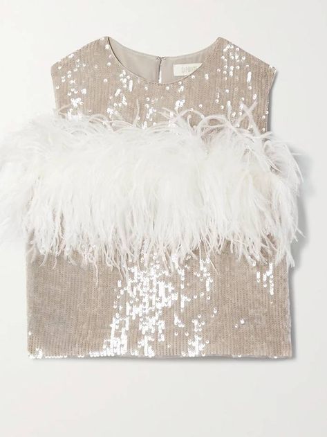 The Best Feathered Party Buys to Get the Party Started | Who What Wear UK Party Blouses, Sally Lapointe, Georgette Tops, Feather Trim, Sequin Tank, White Feathers, Ostrich Feathers, Net A Porter, High Waisted Pants