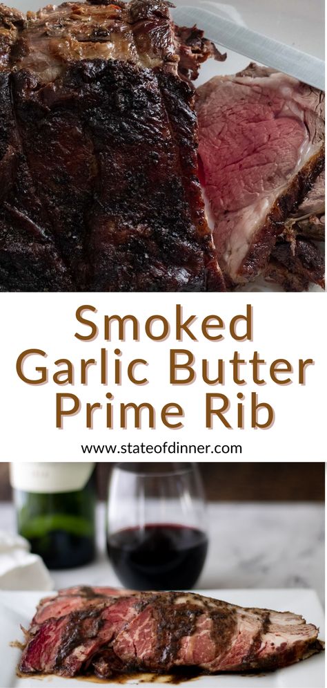 Smoked prime rib that is carved, showing the rare marbled inside. Garlic Butter Prime Rib, Garlic Herb Prime Rib, Smoked Prime Rib Roast, Smoked Prime Rib, Herb Butter Recipe, Holiday Dinner Recipes, Prime Rib Roast Recipe, Cooking Prime Rib, Rib Roast Recipe