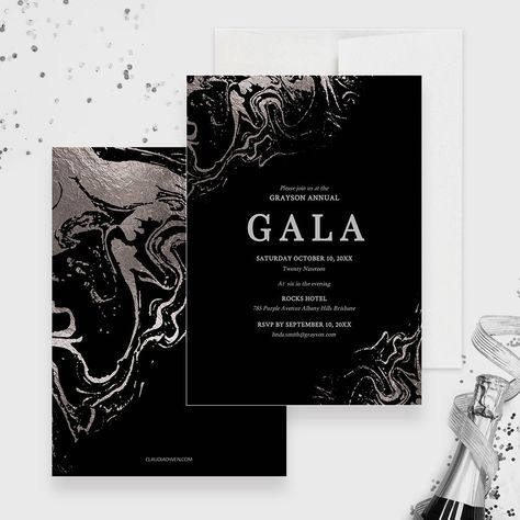 Make your next event shine with this elegant gala invitation. Featuring a stunning silver marble background, this invitation is perfect for any formal occasion. Show off your elegance and sophistication with this unique design that will make all your guests feel special. Let this invitation help you create an unforgettable experience for everyone!The card reads: Gala (but you can edit the text to suit your event)MATCHING SEThttps://claudiaowen.com/products/gala-invitation-edit-yourself-template-89332This is a digital card that you can edit, save and print. You can also send it by email or text to your guestsYOU CAN EDIT THIS INVITATION IN YOUR BROWSER WITH TEMPLETTNo special software or fonts to download. Edit this template right in your browser with the Templett application. It's easy to Silver Marble Background, Gala Invitation, Gala Themes, Company Office, Event Card, Gala Events, Marble Background, Event Company, Party Printable