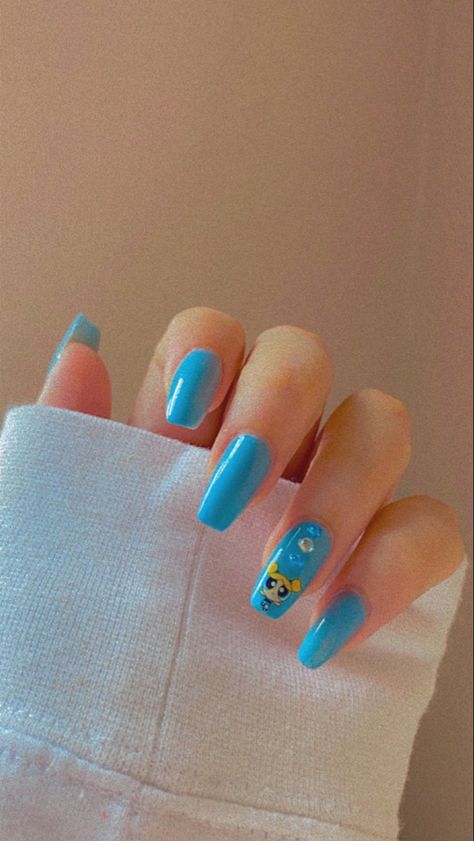 Blue Nails Cartoon, Powerpuff Nail Art, Powerpuff Nails Acrylic, Power Puff Nails, Powerpuff Inspired Nails, Bubbles Nails Powerpuff, Power Puff Girls Nails, Bubbles Powerpuff, Power Puff Girls Bubbles