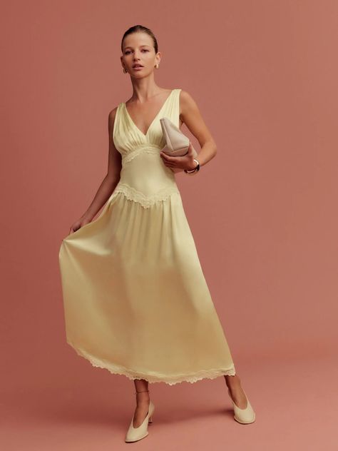 Tube Gown, Silk Yellow Dress, Charmeuse Fabric, Fall Wedding Guest Dress, Silk Gown, Sleeveless Midi Dress, Vintage Inspired Dresses, Silk Charmeuse, Inspired Dress