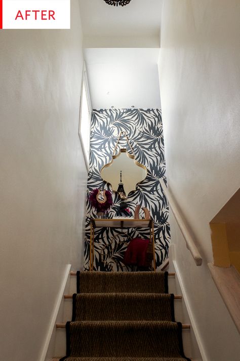 Before and After: This Stairway Got a Glamorous Makeover Wallpaper On Staircase Wall, Staircase With Wallpaper, Wallpaper For Stairs Wall, Staircase Decor Ideas Wall, Staircase Wallpaper Ideas, Stairwell Wallpaper, Stairway Wallpaper, Accent Wall Hallway, Stairs Wall Decor Ideas