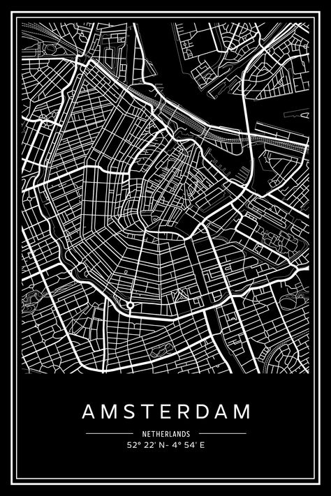 Amsterdam City Map Print, Modern Contemporary poster in 5 different aspect ratios to fit all frame sizes. Black and White. DIGITAL DOWNLOAD. Map Of Amsterdam, Amsterdam City Map, Amsterdam Map, Map Black And White, City Maps Design, Contemporary Poster, North Holland, Black And White Vector, Black And White City