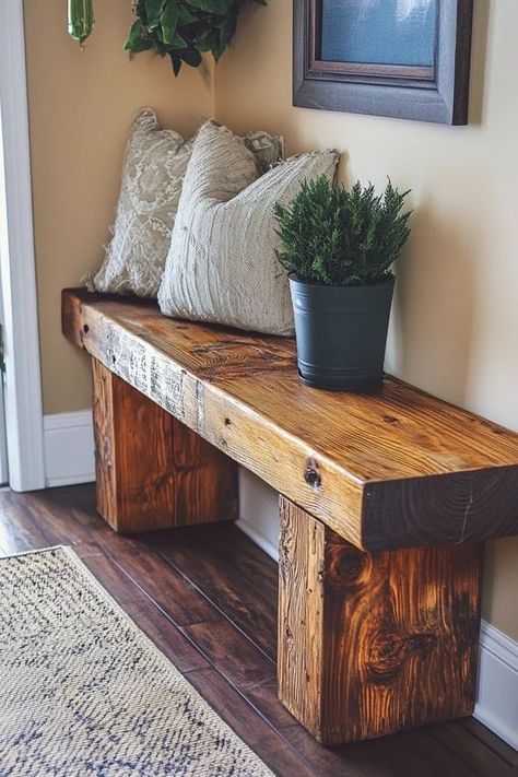 "Add rustic charm to your home with a DIY Rustic Wood Bench! 🛠️🪑 Perfect for creating a functional and stylish piece of furniture. 🌟✨ #RusticBench #DIYProjects #WoodCrafts" Old Lumber Ideas Diy Projects, Raw Wood Furniture Diy, Rustic Bench Bedroom, Diy Rustic Wood Bench, Small Furniture Ideas, Diy Wood Decor Ideas, Rustic Entry Bench, Salvaged Wood Projects, Projects With Wood