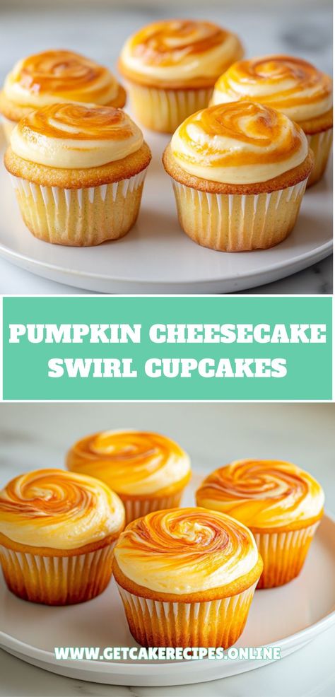 Pumpkin cheesecake swirl cupcakes, perfect for Christmas dessert ideas and Thanksgiving desserts, with festive fall baking recipes and creative cupcake decoration. Fun Cupcakes Decoration, Unique Holiday Desserts, Pumpkin Cheesecake Swirl, Small Sweet Treats, Pumpkin Cheesecake Cupcakes, Brownies Cheesecake, Holiday Dessert Table, Christmas Dessert Ideas, Thanksgiving Cupcakes