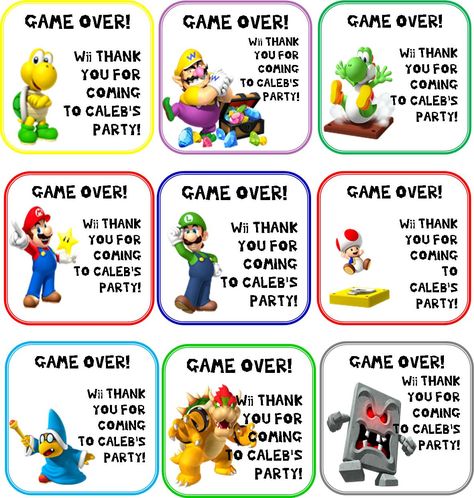 Mario Party  favor/goodie bag tags,created with Microsoft Publisher Yoshi Party Favors, Super Mario Loot Bag Ideas, Luigi Party, Super Smash Bros Party, Luigi Birthday, Super Mario Brothers Birthday Party, Super Mario Brothers Party, Super Mario Brothers Birthday, Mario Brothers Birthday Party