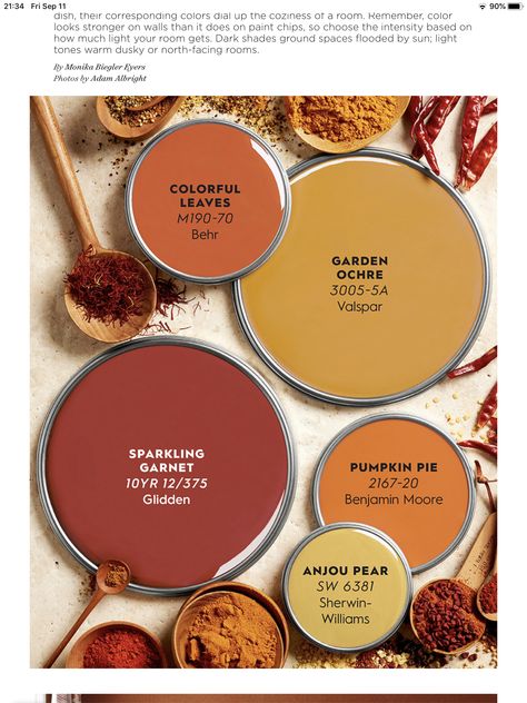 Rust Orange Dresser, Paprika Paint Color, Turmeric Paint Color, Fall Paint Colors Colour Palettes, Sw Wheat Penny, Behr Rust Paint Colors, Fall Wall Colors, Yellow Red Kitchen, Dark Orange Paint Colors