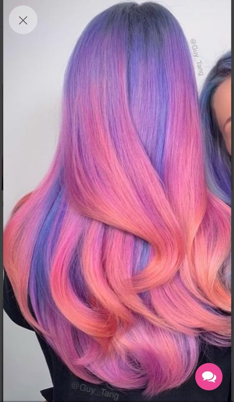 Lavender peach Lavender And Red Hair, Purple And Peach Hair, Purple And Coral Hair, Lavender And Peach Hair, Peach Coloured Hair, Pastel Sunset Hair, Pink And Lavender Hair, Pastel Pink And Lavender Hair, Purple To Peach Ombre Hair