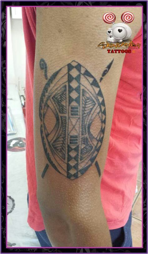 Custom Zulu Shield by SkinCandy Tattoos Pretoria Kenyan Shield Tattoo, African Shield Tattoo, Zulu Shield Tattoo, African Warrior Tattoo For Men, Zulu Warrior Tattoo, Afrocentric Tattoos, Zulu Tattoo, Zulu Shield, African Warrior Tattoos