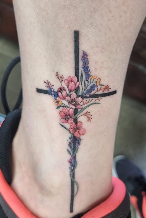 Floral Faith Tattoo, Cross Flower Butterfly Tattoo, Cross And Birth Flower Tattoo, Cross With Violet Flowers Tattoo, Cross With Flowers And Butterflies Tattoo, Cross With Lilacs Tattoo, Cross Wildflower Tattoo, Mine Tattoo, Grandma Tattoo