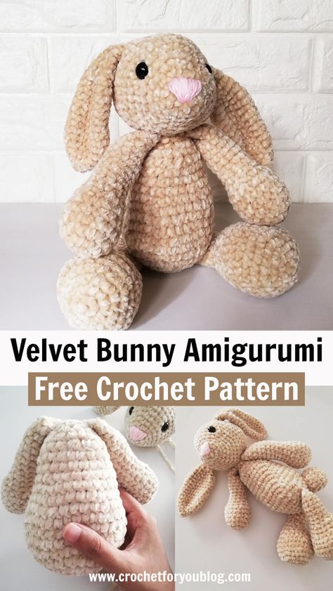 Velvet Bunny Amigurumi Free Crochet Pattern - Crochet For You Crochet Bernat Velvet, Velvet Bunny Amigurumi Free Crochet Pattern, Long Ear Bunny Amigurumi Free Pattern, Velveteen Rabbit Crochet Pattern, Bernat Velvet Crochet Patterns, Velvet Bunny Crochet Pattern, Crochet Pattern Velvet Yarn, Crochet Projects Velvet Yarn, Amigurumi Free Pattern Rabbit