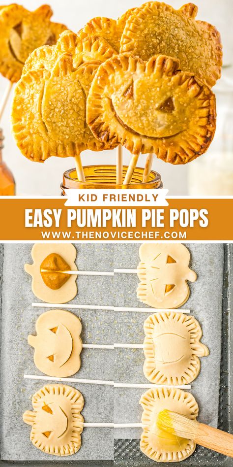 Buttery pie crust is loaded up with a warm pumpkin spice filling to create mini pumpkin pie pops! These individual pies are a taste of fall! Pumpkin Pie Pockets, Pie Crust Halloween, Fall Pie Decorations, Pumpkin Pie Decoration Ideas, Halloween Pies Ideas, Halloween Hand Pies, Pumpkin Pie Recipe For Kids, Pumpkin Pie Craft, Canned Pumpkin Pie Filling Recipes