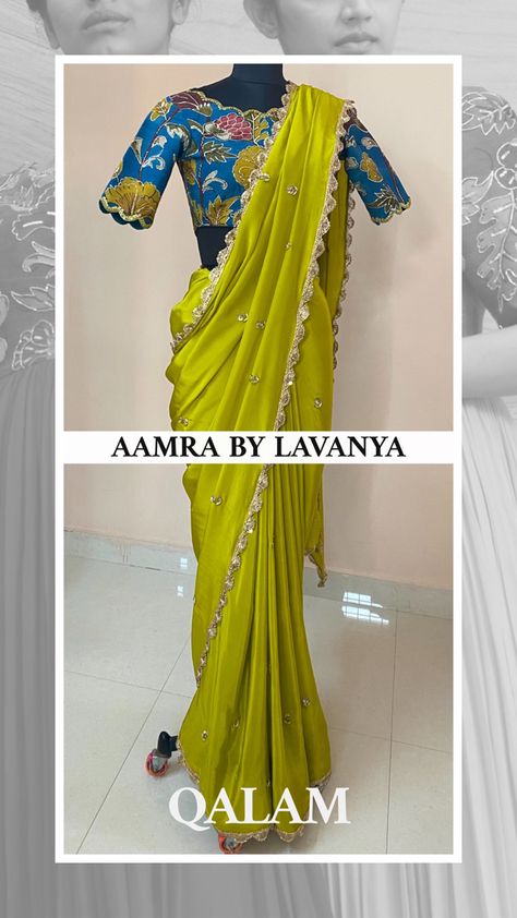 Latest Saree Colour Combination, Penkalamkari Blouses, Parrot Green Saree Contrast Blouse, Kalamkari Blouse Designs Latest, Green Saree Contrast Blouse, Contrast Colour Combination, Plain Sarees, Kalamkari Blouse, Saree Wearing Styles