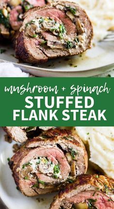 Spinach Stuffed Flank Steak, Baked Stuffed Flank Steak, Flank Steak Recipes Oven, Flank Steak Rolls, Stuffed Flank Steak, Mushrooms And Spinach, Steak Rolls, Skirt Steak Recipes, Baked Steak