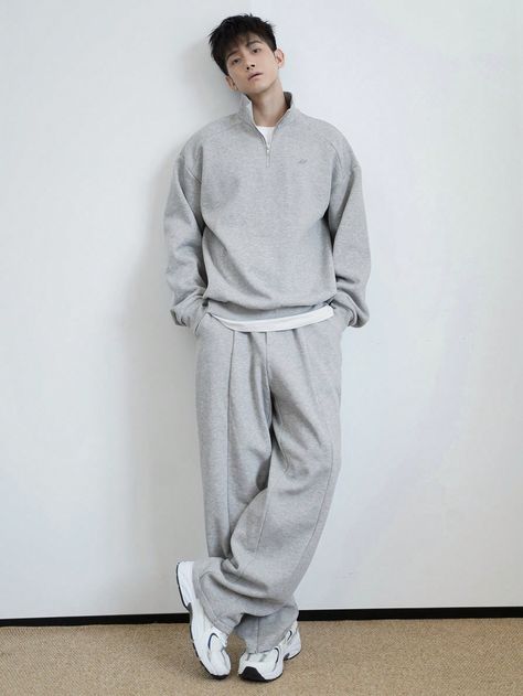 Men's Solid Color Long Sleeve Zip Tracksuit Pullover Hoodie And Loose Fit Sweatpants Set, Autumn Grey Casual    Plain  Non-Stretch Fall Men Clothing, size features are:Bust: ,Length: ,Sleeve Length: Outfits With Grey Sweatshirt, Jogging Outfit Men, Taehyung Fits, Grey Casual Outfit, Grey Outfit Men, Grey Hoodie Outfit Men, Grey Sweatpants Outfit Men, Japanese Male Fashion, Hoodie Sweatpants Outfit