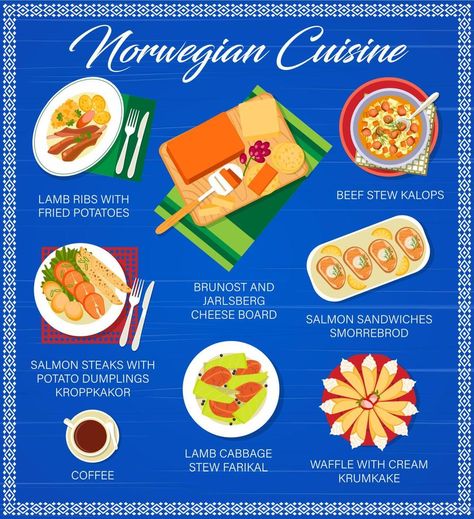 Norwegian cuisine menu, food dishes and meals Norwegian Dishes, Norwegian History, Epcot Norway, Norwegian Crafts, Jarlsberg Cheese, Norway Food, Norwegian Cuisine, Norwegian Language, Salmon Sandwich