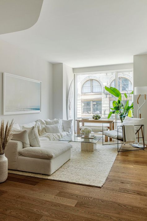 Calm Neutral Tones in a New York Apartment — THE NORDROOM Neutral Nyc Apartment, Organic Modern Interior Design Apartment, Small Living Room Sofa And 2 Chairs, Modern Calm Living Room, Modern Nyc Apartment Decor, Calm Apartment Aesthetic, New York Apartment Living Room, Neutral Tone Living Room, Modern New York Apartment