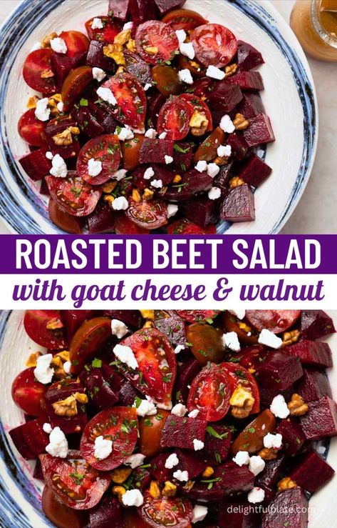 a plate of roasted beet salad with goat cheese, cherry tomato and walnut. Beet And Goat Cheese Salad, Beet Salad With Goat Cheese, Beet Goat Cheese Salad, Beet Goat Cheese, Roasted Beetroot, Salad With Goat Cheese, Smoked Salmon Salad, Healthy Toast, Beet And Goat Cheese