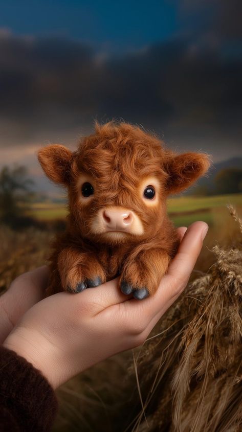 Baby Highland Cow! Baby Fluffy Cows, Mini Highlander Cows, Miniature Highland Cow, Cows Pictures, Highland Calves, High Land Cow, Pretty Cows, Cute Pictures Of Animals, Animals Cuddling