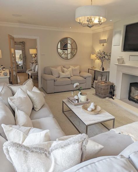 Cream Aesthetic House Decor, Carpeted Family Room, Beige House Aesthetic Living Room, Cream House Interior, Greige Corner Sofa Living Room, Beige Aesthetic Lounge, Neutral Corner Sofa Living Room, Lounge Room Decor, Cream And Beige Living Room