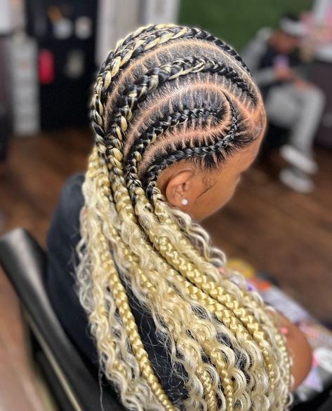 Blond Stitch Braids, Black And Blonde Stitch Braids, Stitch Braids With Boho Curls, Cornrow Braids To The Back, Blonde Stitch Braids Black Women, 4 Stitch Braids With Design, Ombre Cornrows Braids, Blond Twist Braids, Stitch Braids With Color