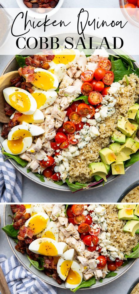 Fluffy quinoa adds the perfect boost of heartiness to this loaded chicken quinoa cobb salad! Pair it with a tangy homemade red wine vinaigrette for the perfect dinner or lunch salad. Chicken Quinoa Recipes, Overnight Salad, Homemade Red Wine, Fluffy Quinoa, Classic Cobb Salad, Loaded Chicken, Chicken Quinoa Salad, Lunch Salad, Red Wine Vinaigrette