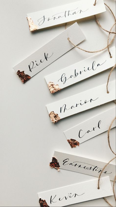 neutral palette place tags with modern scripted calligraphy lettering and metallic copper foil on left corner. Name Tag Design Wedding, Napkin With Name Tag, Calligraphy Name Tags, Gift Name Tag Ideas, Name Tags For Wedding Tables, Dinner Name Tags, Name Tag Design Ideas, Recruitment Name Tags, Name Tags Ideas