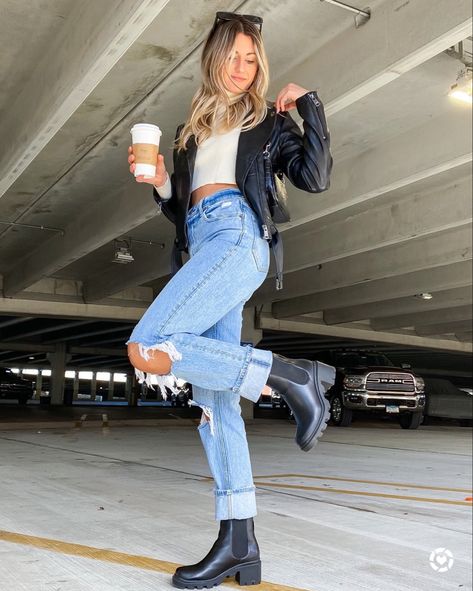 Fall outfit inspo, leather jacket, black boots, Abercrombie jeans, Steve Madden, turtle neck from zoeyandopal.com Sz small in the jacket, 25 in jeans (size down 1 sz) shoes TTS Follow my shop @kristinendalton on the @shop.LTK app to shop this post and get my exclusive app-only content! #liketkit #LTKSeasonal #LTKshoecrush #LTKHoliday @shop.ltk http://liketk.it/3r9aO Dress And Combat Boots Outfit, Steve Madden Boots Outfit, Black Booties Outfit, Jeans Boots Outfit, Black Leather Jacket Outfit, Fall Boots Outfit, Black Boots Outfit, Boots Outfit Ankle, Booties Outfit