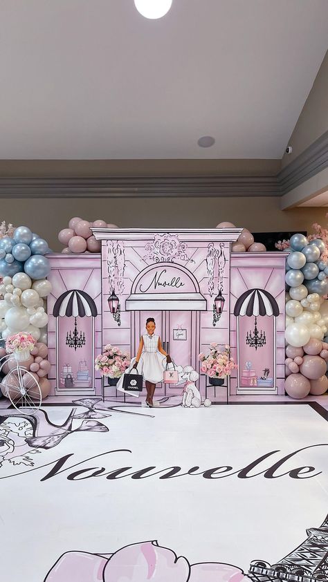 Nouvelle in PARIS! 🎀 We celebrated our little lady Nouvelle’s 10th birthday in the most fashionable way!! Thank you mom… | Instagram Fashion Theme Party Ideas, Parisian Themed Party Decor, Paris Theme Balloon Garland, 10 Birthday Theme Ideas, Emily In Paris Party Theme, Chanel Party Decorations, Influencer Party, Paris Quinceanera Theme, Paris Birthday Party Ideas